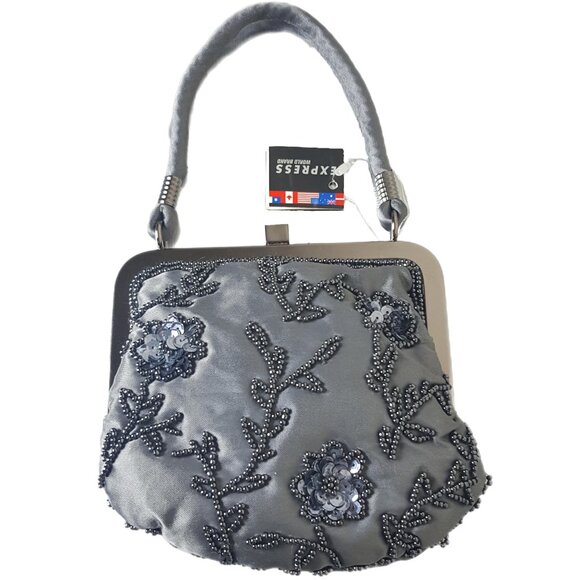 Express Handbags - Vintage Y2K Express Beaded Satin Evening Bag NWT Gray Floral Mini Purse